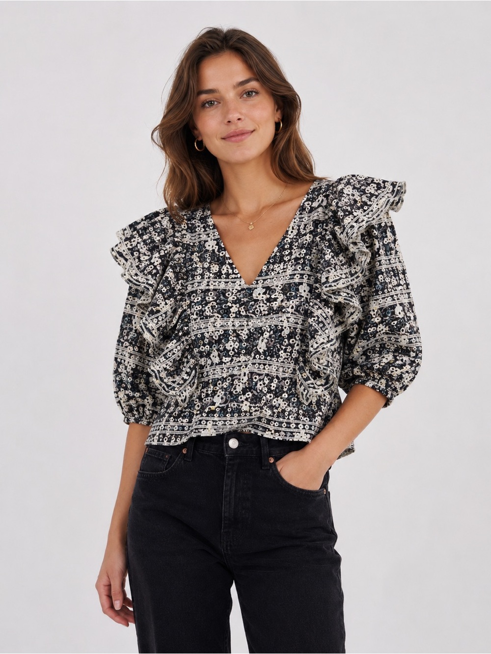 En Saison Black Floral Ruffle Puff Sleeve V-Neck Blouse Top Size S